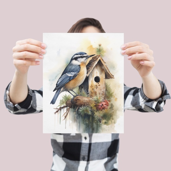 Red-breasted Nuthatch Bird Wall Art Watercolor Illustration Print Unframed - Picture 4 of 5